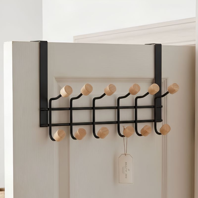 Porte-Manteau à Accrocher sur Porte Métal Noir et Bois
